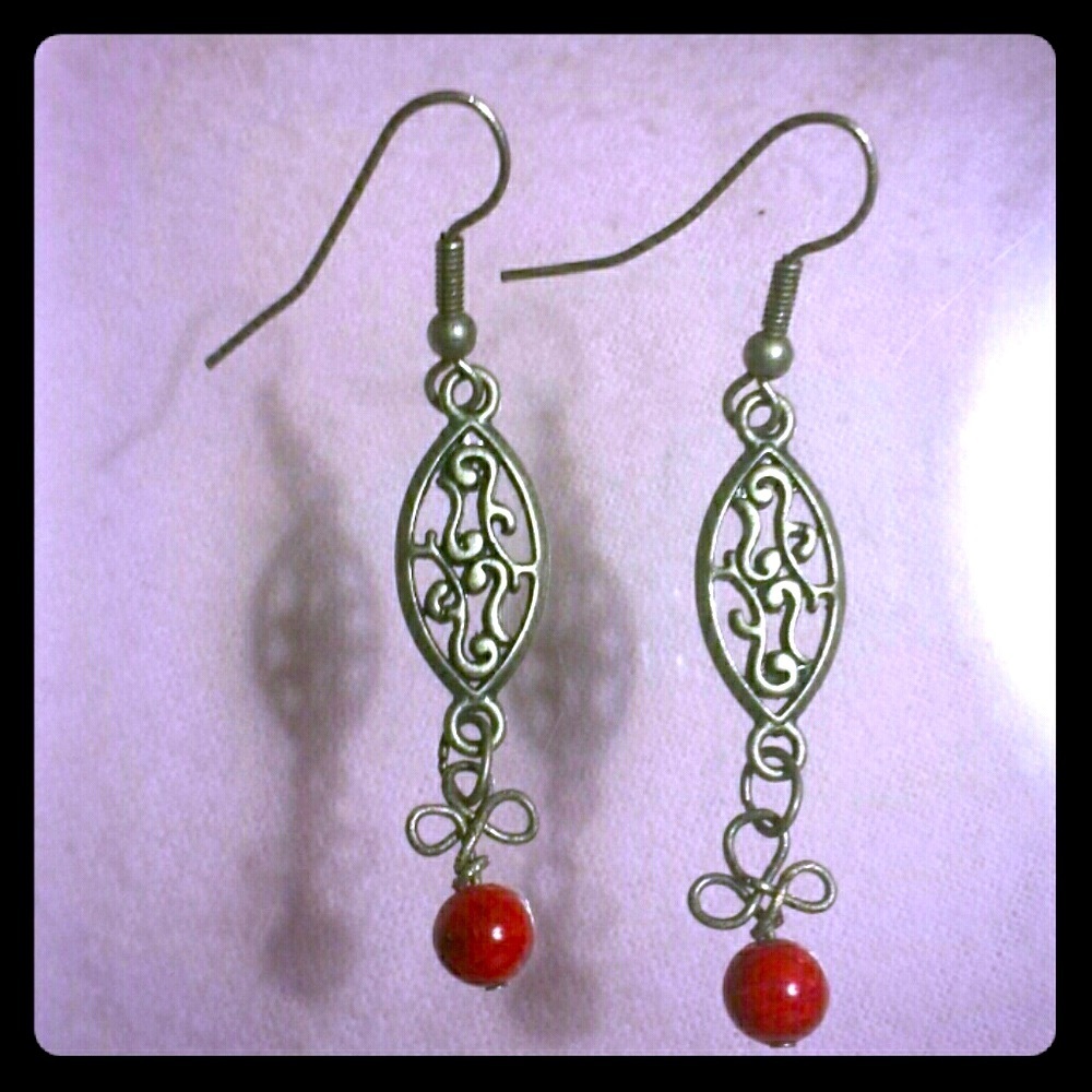 Earrings in a Steel Look Earrings Handmade Red Coral Stone